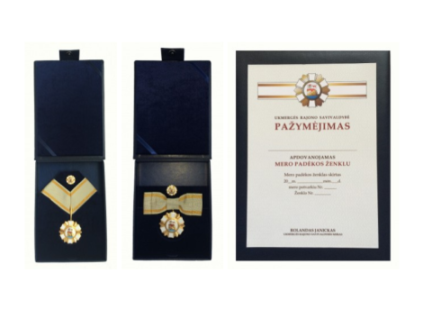 Mero padėkos ženklai (vyriškas ir moteriškas) ir pažymėjimas.